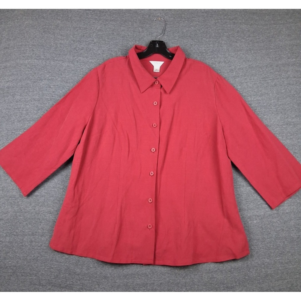 CJ Banks Womens Shirt 1X Red Button Up Silk Linen Lagenlook Coastal Grandma Chic